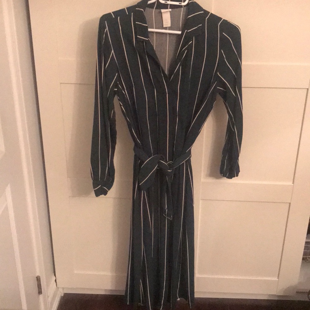 Emerald striped button down dress with belt
